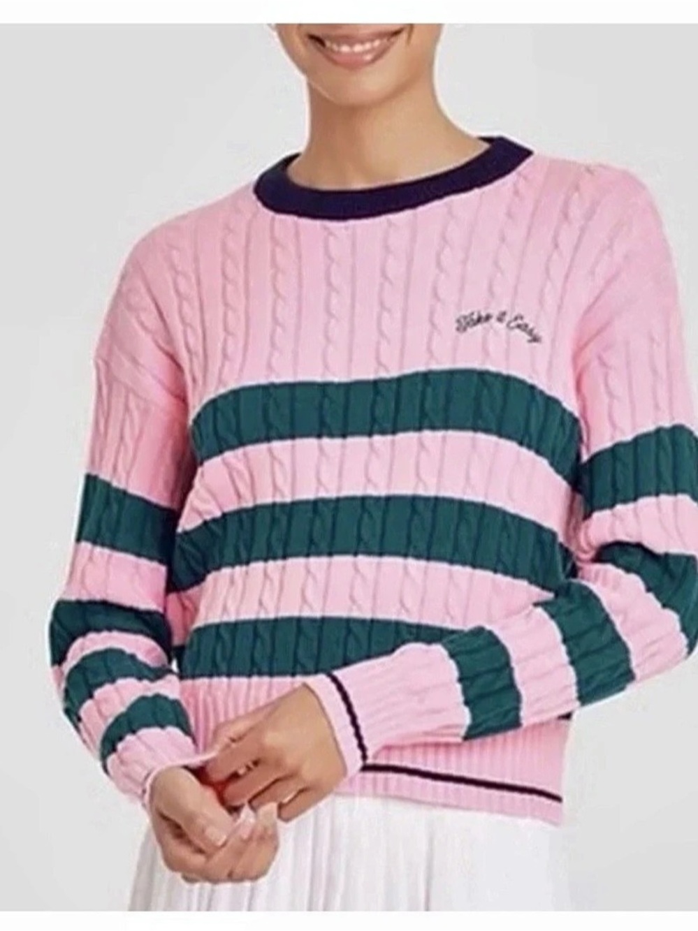 Pink Cable Knit Striped Crewneck Sweater Medium Pink/Green Striped